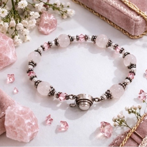Vintage Artisan Rose Quartz Sterling Silver Beaded Bracelet Pink Crystal - Picture 5 of 12